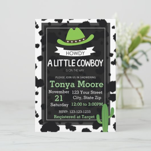 カウボーイのベビーシャワーの招待状(緑) 招待状 (スタンド正面)
