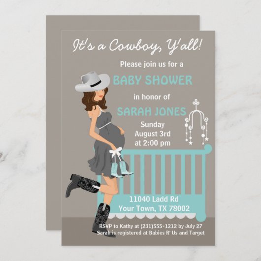 カウボーイのベビーシャワーの招待状-西部ブルネット 招待状 (正面/裏面)