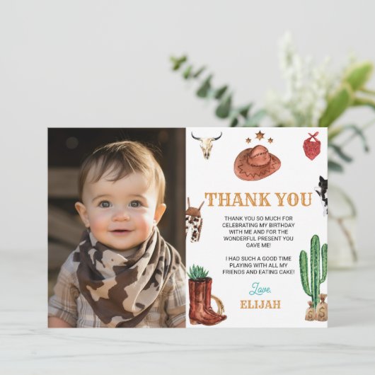 カウボーイのロデオのお誕生日写真ありがとうカード サンキューカード (スタンド正面)