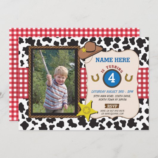 カウボーイの女性のカーボーイの写真の誕生会牛男の子の招待 招待状 (正面/裏面)