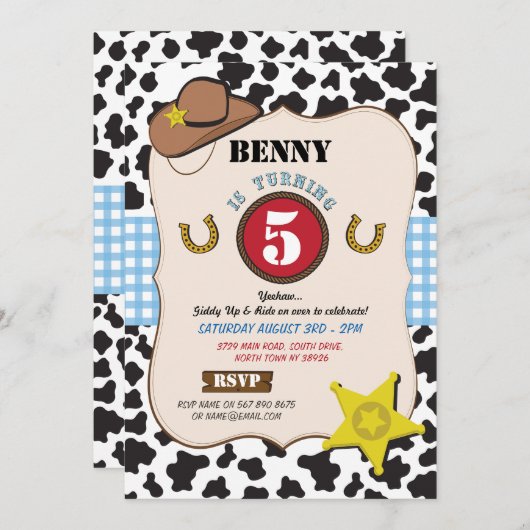 カウボーイの女性のカーボーイの誕生会牛男の子の招待状 招待状 (正面/裏面)