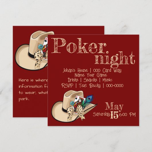 カウボーイの帽子とトランプとクジャクの羽 招待状 (正面/裏面)