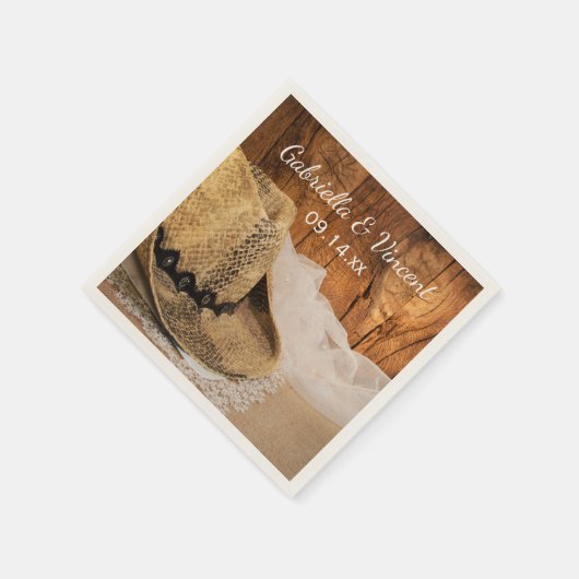 カウボーイの帽子と納屋の木のウェスタンウェディング スタンダードカクテルナプキン (角)