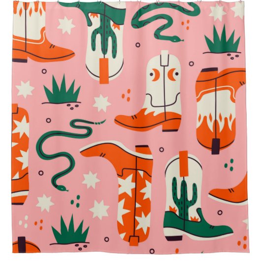 カウボーイの様々なブーツの柄 シャワーカーテン (正面)