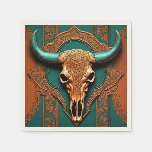 カウボーイの牛の頭蓋骨を使ったカントリーウェスタンパーティー スタンダードカクテルナプキン (正面)