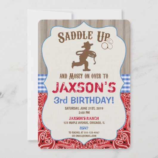カウボーイの素朴な西部の誕生日の招待の男の子 招待状 (正面)