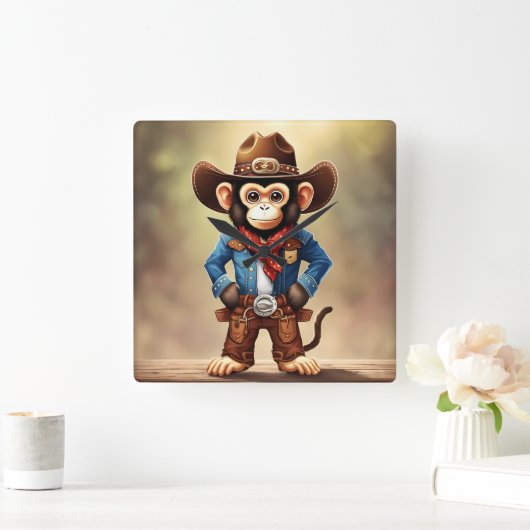 カウボーイの衣装を着た可愛い猿 スクエア壁時計 (ホーム)