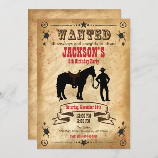 カウボーイの西部の誕生日の招待状は/ポスターがほしいと思いました 招待状 (正面/裏面)