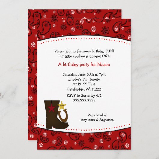 カウボーイの誕生会の赤いペイズリーのブーツの蹄鉄 招待状 (正面/裏面)