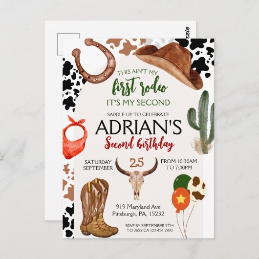 カウボーイの誕生日パーティー2歳のロデオ ポストカード (正面/裏面)