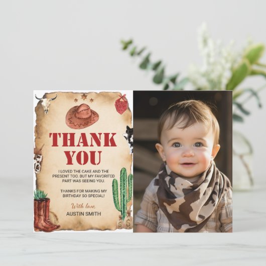 カウボーイの誕生日写真ありがとうカード サンキューカード (スタンド正面)
