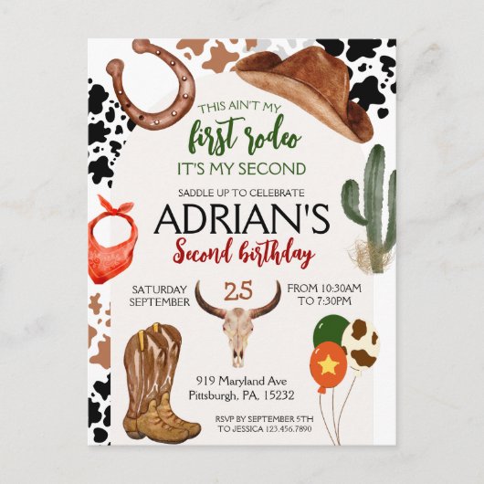 カウボーイの誕生日2歳 ロデオの誕生日パーティー ポストカード (正面)