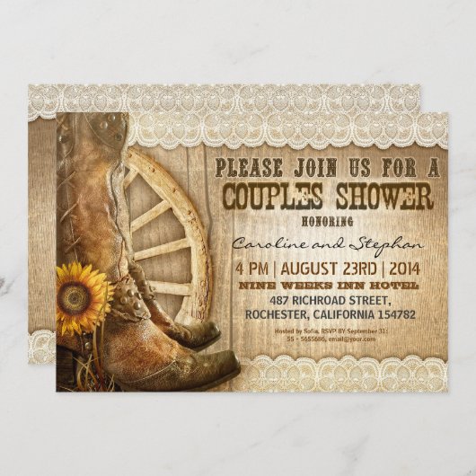 カウボーイの靴のヒマワリの木製のカップルのシャワーの招待 招待状 (正面/裏面)