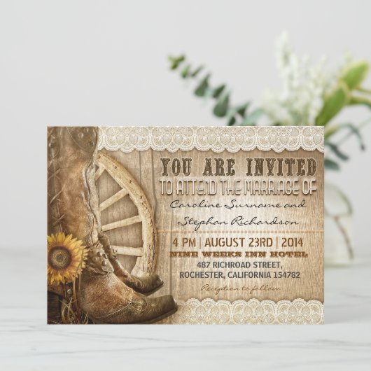 カウボーイの靴ひまわり茶色の木製結婚式 招待状 (スタンド正面)