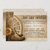カウボーイの靴ひまわり茶色の木製結婚式 招待状 (正面/裏面)