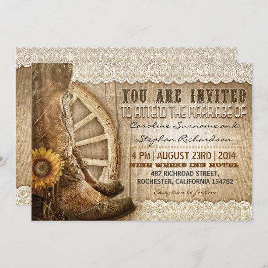 カウボーイの靴ひまわり茶色の木製結婚式 招待状 (正面/裏面)