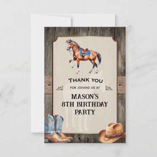 カウボーイの馬に乗って誕生日パーティー サンキューカード (正面)