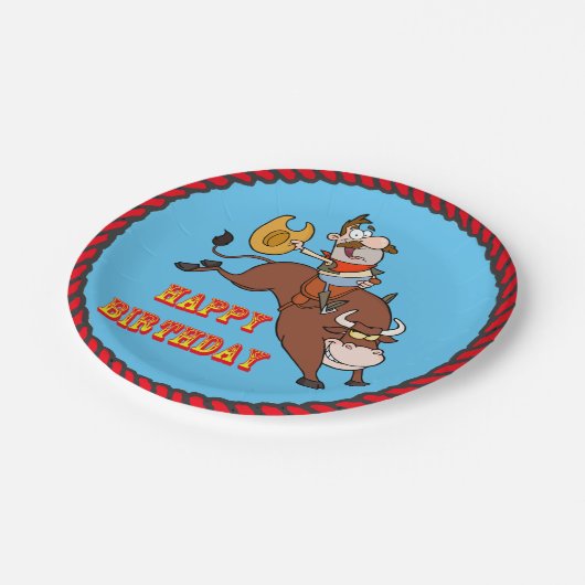カウボーイのBullの乗馬のハッピーバースデーの紙皿 ペーパープレート (アングル)