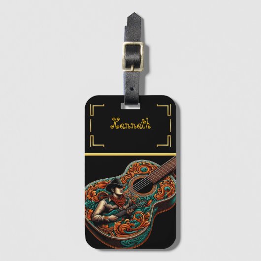 カウボーイはっきりしたギター・オン・ブラック・キャンバス ラゲッジタグ (正面縦)