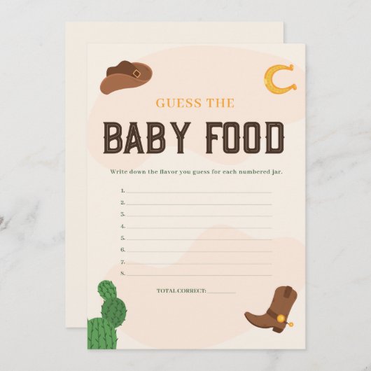 カウボーイはベビー食品ベビーシャワーゲームカードを推測 招待状 (正面/裏面)