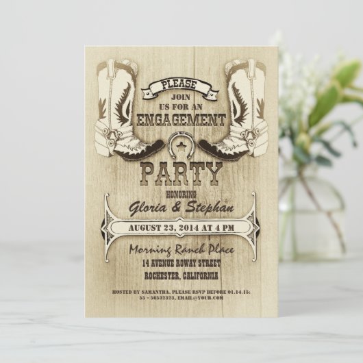 カウボーイは西部の婚約パーティの招待状に蹄鉄を打ちます 招待状 (スタンド正面)