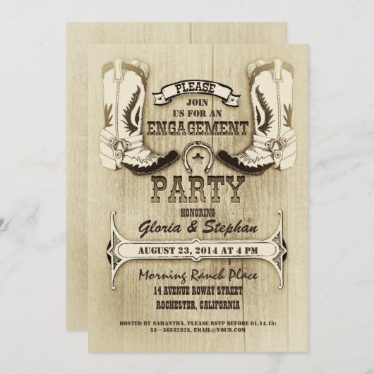 カウボーイは西部の婚約パーティの招待状に蹄鉄を打ちます 招待状 (正面/裏面)