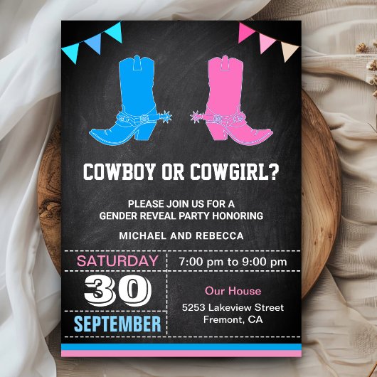 カウボーイまたはカウガール 性別お披露目パーティー 招待状