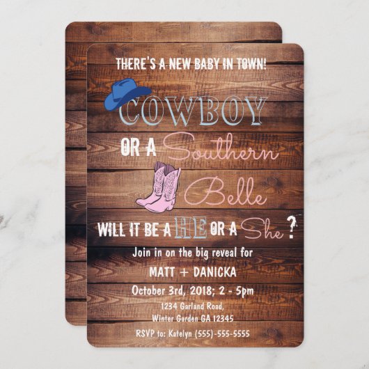 カウボーイまたはサザンベルのジェンダーがベビーシャワーを明かす 招待状 (正面/裏面)