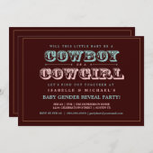 カウボーイまたは女性のカーボーイの国のベビーの性はパーティーを明らかにします 招待状 (正面/裏面)