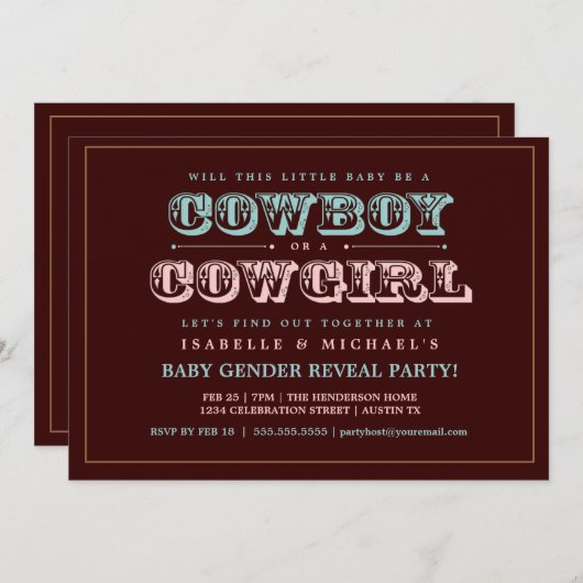 カウボーイまたは女性のカーボーイの国のベビーの性はパーティーを明らかにします 招待状 (正面/裏面)