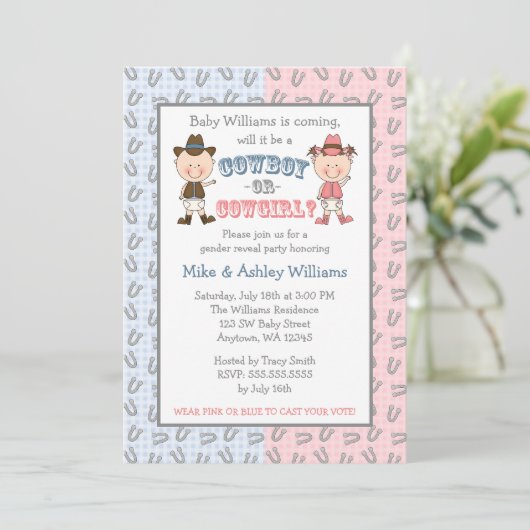 カウボーイまたは女性のカーボーイの性はパーティーを明らかにします 招待状 (スタンド正面)