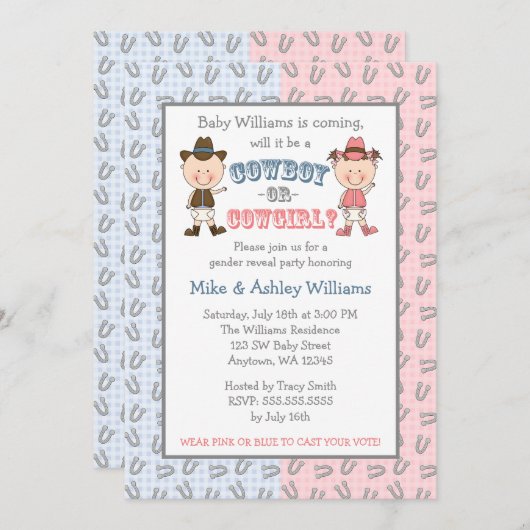 カウボーイまたは女性のカーボーイの性はパーティーを明らかにします 招待状 (正面/裏面)