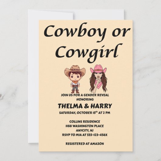 カウボーイまたは女性のカーボーイの性別でパーティーを表示 招待状 (正面)