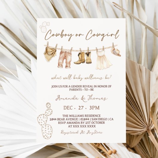 カウボーイまたは女性のカーボーイウェスタンジェンダーリビール招待状 招待状