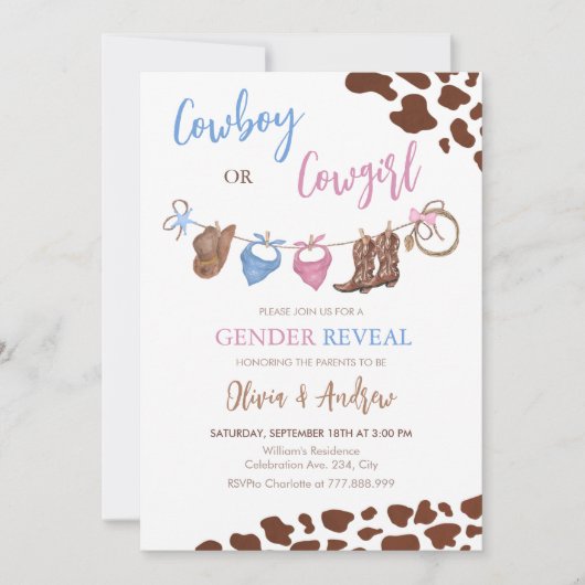 カウボーイまたは女性のカーボーイウェスタン・ジェンダー・リビール 招待状 (正面)