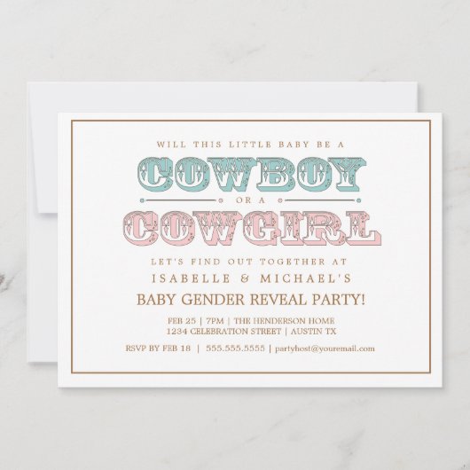 カウボーイまたは女性のカーボーイカントリーベビージェンダーパーティーの表示 招待状 (正面)