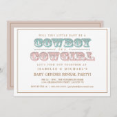 カウボーイまたは女性のカーボーイカントリーベビージェンダーパーティーの表示 招待状 (正面/裏面)