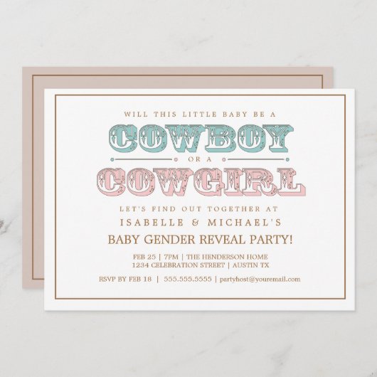カウボーイまたは女性のカーボーイカントリーベビージェンダーパーティーの表示 招待状 (正面/裏面)