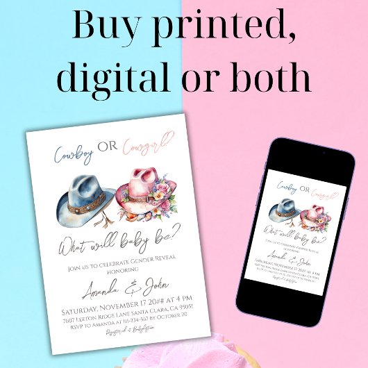 カウボーイまたは女性のカーボーイハット青ピンク性別リビール 招待状