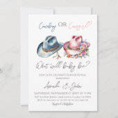 カウボーイまたは女性のカーボーイハット青ピンク性別リビール 招待状 (正面)