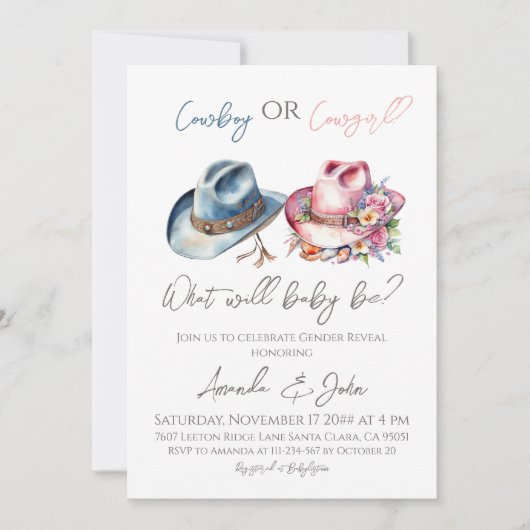 カウボーイまたは女性のカーボーイハット青ピンク性別リビール 招待状 (正面)
