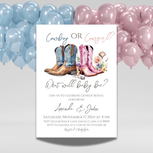 カウボーイまたは女性のカーボーイブーツ青ピンク性別リビール 招待状