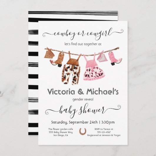 カウボーイまたは女性のカーボーイリビールクロースレインベビーシャワー 招待状 (正面/裏面)