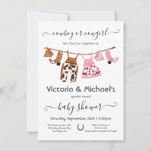 カウボーイまたは女性のカーボーイリビールクロースレインベビーシャワー 招待状 (正面)
