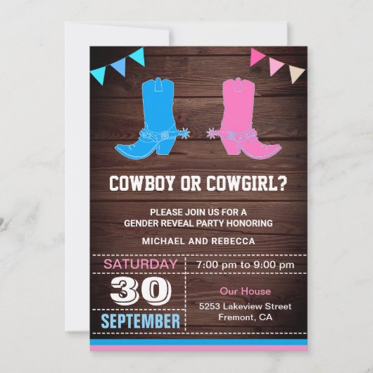 カウボーイまたは女性のカーボーイ性別によるパーティーの表示 招待状 (正面)