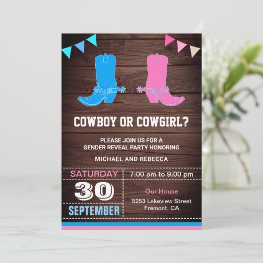 カウボーイまたは女性のカーボーイ性別によるパーティーの表示 招待状 (スタンド正面)