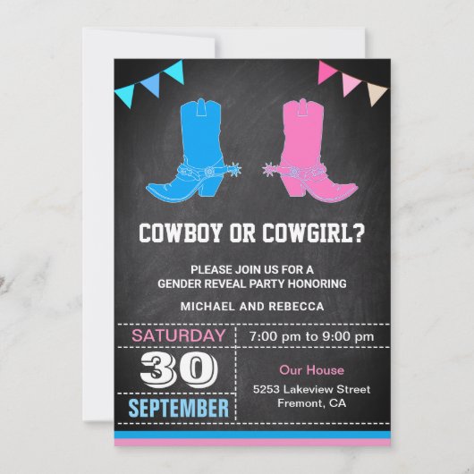 カウボーイまたは女性のカーボーイ性別によるパーティーの表示 招待状 (正面)