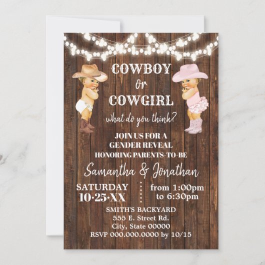 カウボーイまたは女性のカーボーイ西ジェンダーがシャワーを明らかにする 招待状 (正面)
