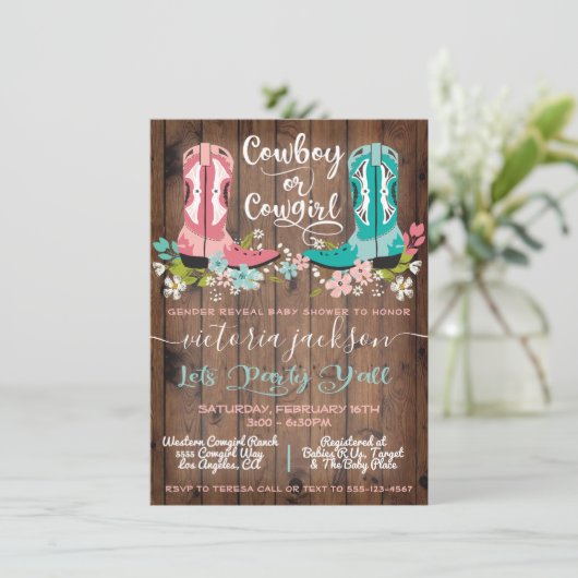 カウボーイまたは女性のカーボーイ赤ちゃんシャワー性別Reveal Invita 招待状 (スタンド正面)