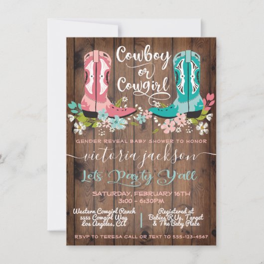 カウボーイまたは女性のカーボーイ赤ちゃんシャワー性別Reveal Invita 招待状 (正面)